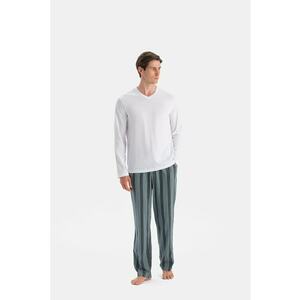 Pijama lunga din bumbac - Alb/Verde imagine