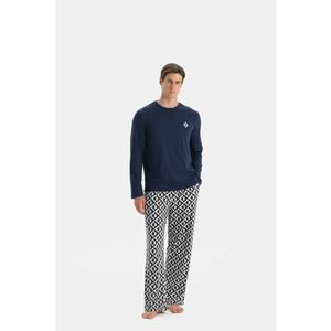 Pijama lunga din bumbac cu imprimeu grafic - Alb/Bleumarin imagine