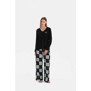 Pijama lunga cu decolteu in V si imprimeu grafic - Alb/Negru imagine