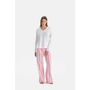 Pijama lunga din bumbac cu decolteu in V si model in dungi - Alb/Roz imagine