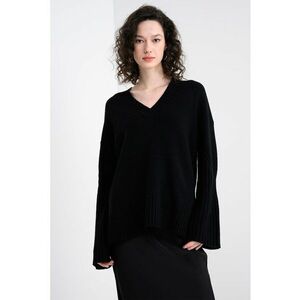 Pulover tricotat fin din amestec de lana cu decolteu in V - Negru imagine