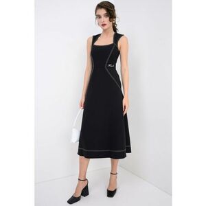 Rochie midi cu croiala evazata si cusaturii contrastante - Negru imagine