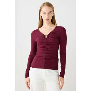 Bluza slim fit cu drapaj frontal - Visiniu imagine