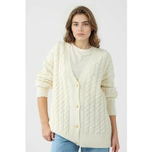 Cardigan supradimensionat cu model torsade si perle sintetice - Alb fildes imagine