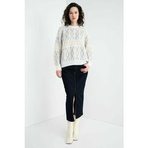 Pulover din amestec de mohair cu maneci cazute si model - Alb fildes/Gri/Bej imagine