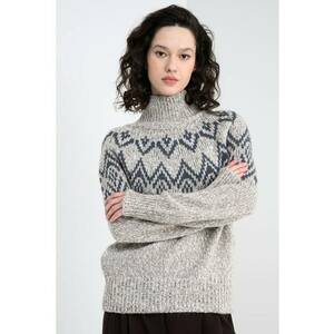 Pulover cu guler inalt si model - Alb/Maro/Gri inchis imagine