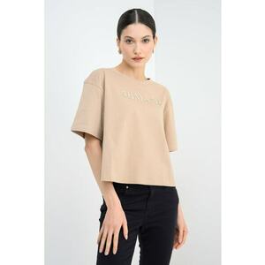 Tricou crop cu maneci cazute - Auriu/Bej inchis/Argintiu imagine