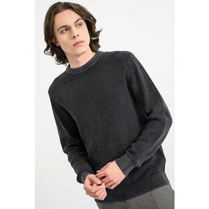 Pulover din bumbac cu decolteu la baza gatului Anaka - Negru melange imagine