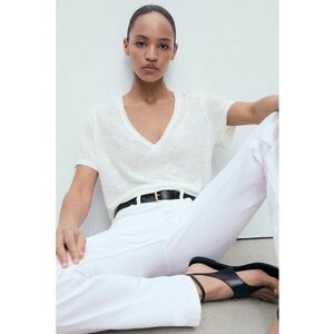 Tricou din in cu model uni - Alb imagine