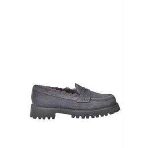 Pantofi loafer din piele intoarsa cu monograma metalica discreta - Gri imagine
