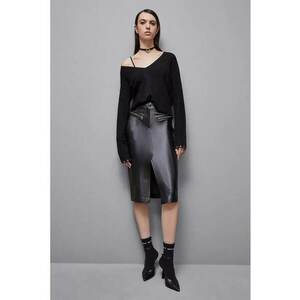 Fusta midi din piele ecologica cu slit frontal - Negru imagine