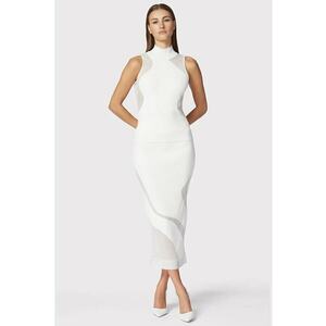 Fusta midi din tricot elastic cu talie inalta - prevazuta cu detalii transparente - Alb imagine