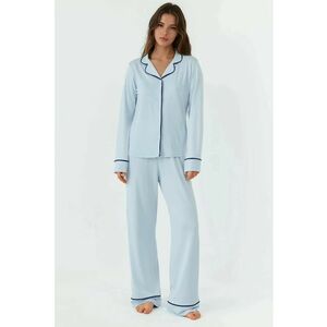 Pijamale dama - maneca lunga - guler tip camasa - croiala relaxata - albastru - jerseu imagine