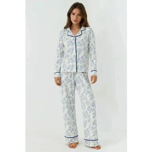 Pijama dama loungewear cu maneca lunga - imprimeu floral - extra moale - alb albastru - jerseu imagine