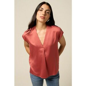 Bluza cu maneci scurte si aspect de satin - Rosu imagine