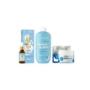 Set ingrijire ten Eveline Hyaluron Aqua - Crema hidratanta pentru ten uscat si foarte uscat - 50 ml + Ser fata 2in1 pentru hranire si netezire Duo Power - 18ml + Balsam hidratant pentru corp - Hydragenious - 350 ml imagine