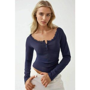 Bluza dama - top slim fit cu maneca lunga - detaliu din dantela - albastru - jerseu imagine