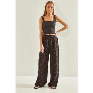 Pantaloni dama - largi cu imprimeu abstract - negru/rosu - viscoza imagine