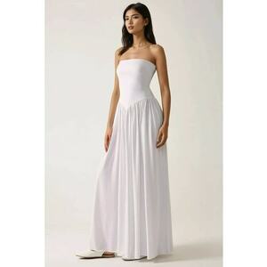 Rochie maxi fara bretele - alb - jerseu - cu buzunare ascunse imagine