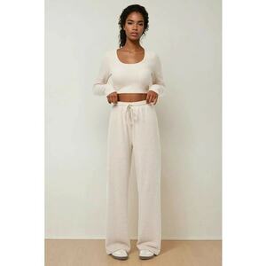 Compleu dama - top texturat si pantaloni largi - bej - tricot imagine