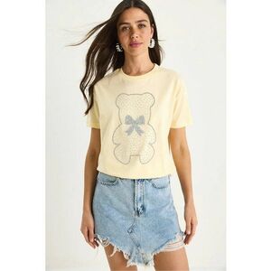 Tricou dama galben - bumbac - guler rotund - imprimeu brodat - maneca scurta imagine