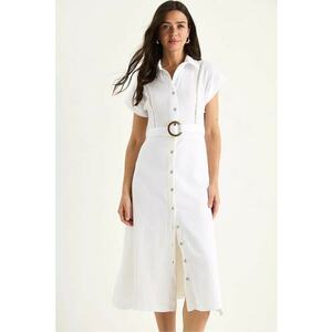 Rochie midi - HiCCUP - bumbac texturat - guler camasa - alb imagine