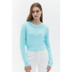 Pulover crop cu perle sintetice - Albastru glaciar imagine