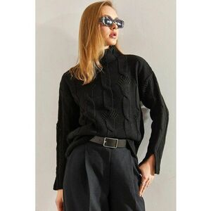 Pulover dama - tricotat cu guler inalt texturat - negru - imagine