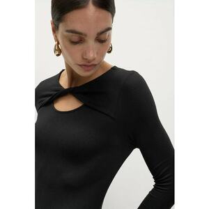 Rochie midi striata cu maneci lungi si decolteu rasucit - Negru imagine