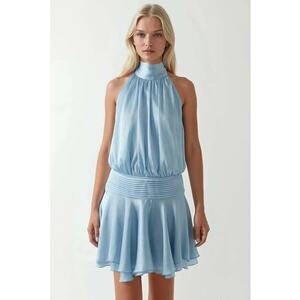 Rochie Mini - Texturata cu Guler Inalt - Albastru Ghetar - Textil imagine