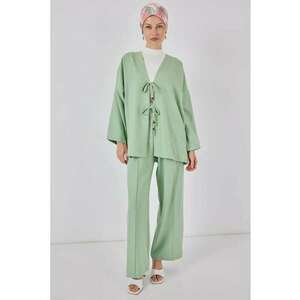Compleu dama - set cardigan din amestec de in cu detalii - pantaloni cu picior larg - verde - textil - imagine