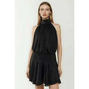 Rochie mini - texturata cu guler inalt - neagra - textil imagine