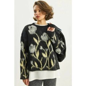 Pulover dama - Floral - Tricot - Negru - imagine