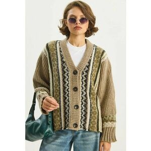 Pulover dama - Tricot - Bej - Decolteu in V - imagine