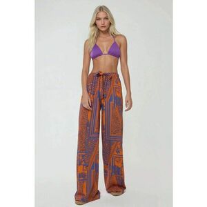 Pantaloni dama - cu imprimeu - talie elastica - violet-portocaliu - bumbac imagine