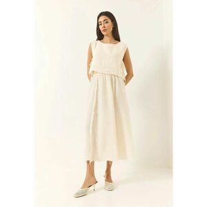 Compleu dama tunica texturata din bumbac - pantaloni cu croi larg - bej - textil - Bej imagine