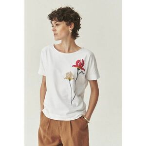 Tricou de bumbac cu decolteu rotund si design floral - Rosu/Alb/Maro taupe deschis imagine