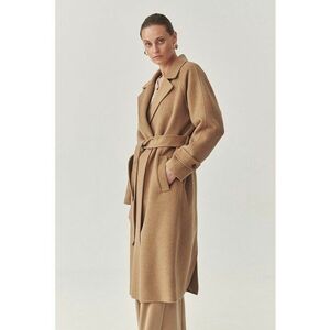 Palton lung din amestec de lana cu cordon in talie - Caramel imagine