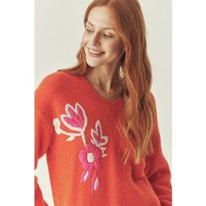 Pulover din amestec de lana cu decolteu in V TATUUM x Adeline Wang - Alb/Coral/Roz imagine