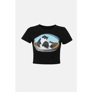 Tricou scurt dama - bumbac - cu imprimeu.multicolor - Negru imagine
