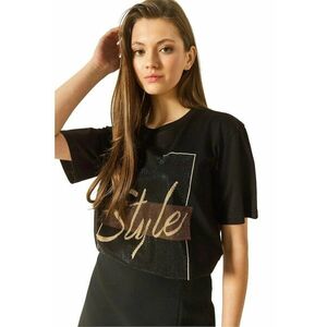 Tricou dama scurt - imprimeu spate - negru - bumbac imagine