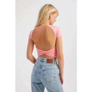 Top scurt dama - guler rotund - spate incrucisat - roz - textil imagine