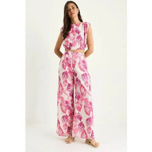 Set doua piese - top scurt cu imprimeu floral - pantaloni largi - roz - poliester - Roz imagine