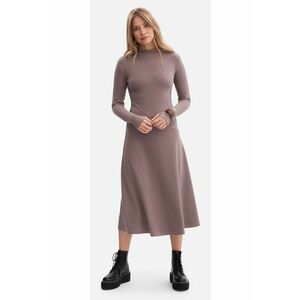Rochie midi - B299 Cacao cu dungi - top mulat - evazat la baza - maneci lungi cu orificii pentru degete - top cu guler inalt - fara inchizatoare - Cacao imagine