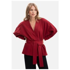 Sacou - B297 Bordeaux bumbac - croiala lejera - talie cu curea - maneci lungi - stil casual - model kimono - lungime pana la sold - fara guler superior - Bordeaux imagine