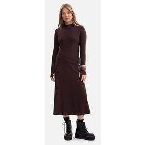 Rochie midi - B299 Ciocolata neagra Tricot cu dungi - top mulat - evazat la baza - maneci lungi cu orificii pentru degete - top cu guler inalt - fara inchizatoare - Ciocolata imagine