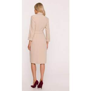 Rochie Midi S415 Beżowa Decolteu in V - Top mulat - Maneci 7/8 cu mansete - Talie cu curea - Bej imagine