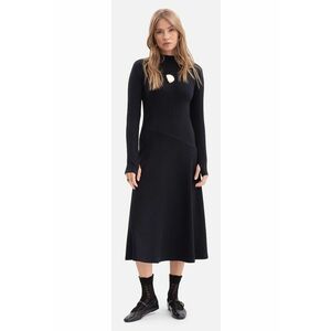 Rochie midi - B299 neagra cu dungi - top mulat - evazat la baza - maneci lungi cu orificii pentru degete - top cu guler inalt - fara inchizatoare - Negru imagine