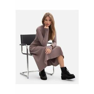 Rochie midi - B299 Cacao S - Tricot cu dungi - top mulat - evazat la baza - maneci lungi cu orificii pentru degete - top cu guler inalt - fara inchizatoare imagine