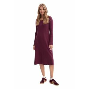 Rochie midi - B308 Pruna S - Tricotaj cu nervuri - Casual - Maneci lungi - Decolteu rotund - Croiala lejera - Stil minimalist - Se muleaza in partea de sus - Evazat la baza imagine